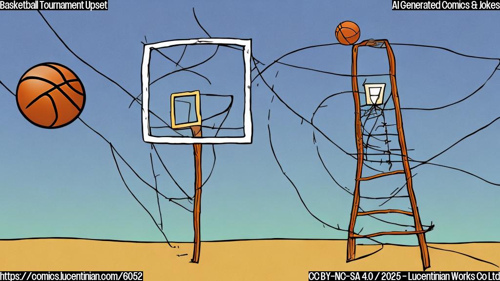 Cartoon drawing of a basketball net with a ladder leaning against it. The basketball is wearing a surprised expression.