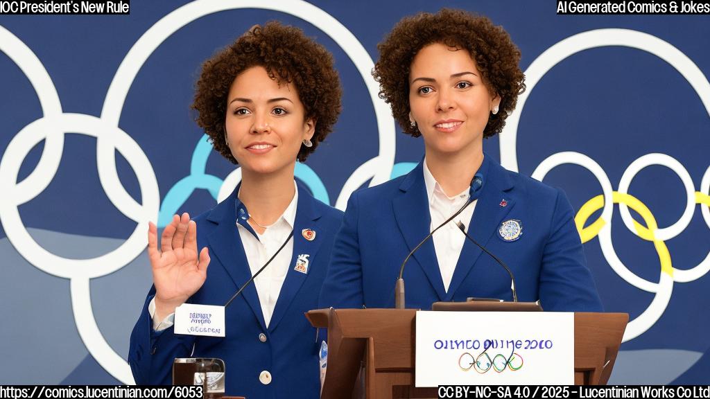 A plain cartoon style image of a female character with short curly hair wearing a formal blue suit, standing behind a podium with the Olympic rings logo on it. She has a stern expression on her face and is holding up a hand as if making a serious announcement. In the background, there are blurred figures of people sitting in chairs. The color palette is mostly blues, whites, and grays.