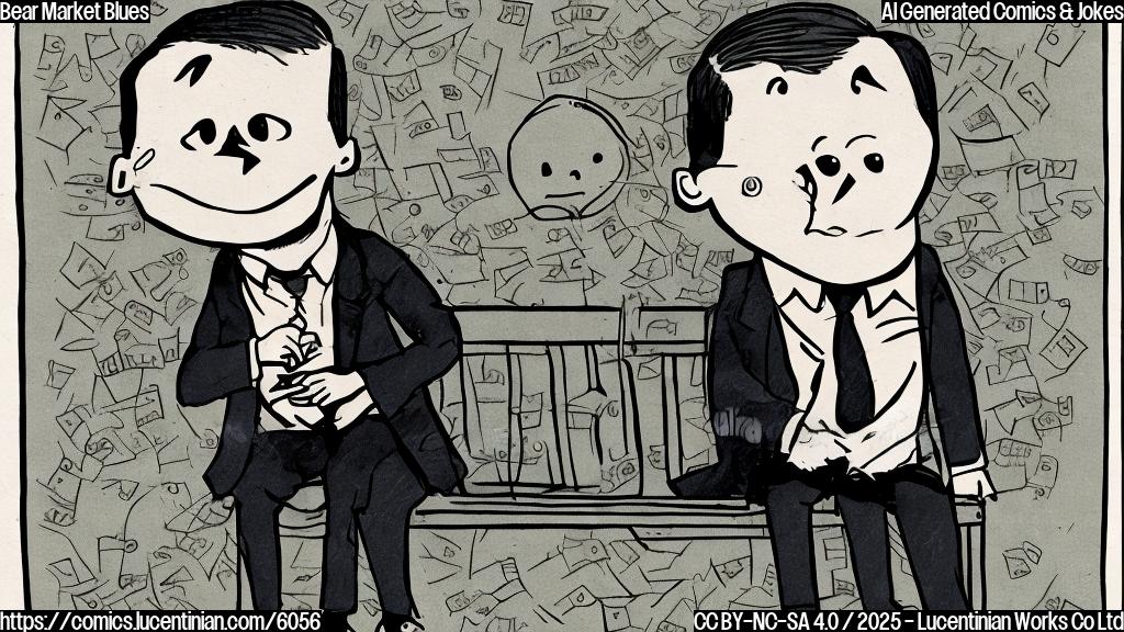 Cartoon illustration, plain background, depressed looking anthropomorphic stock market chart with a sad face, wearing a tattered suit, sitting on a park bench looking dejected.