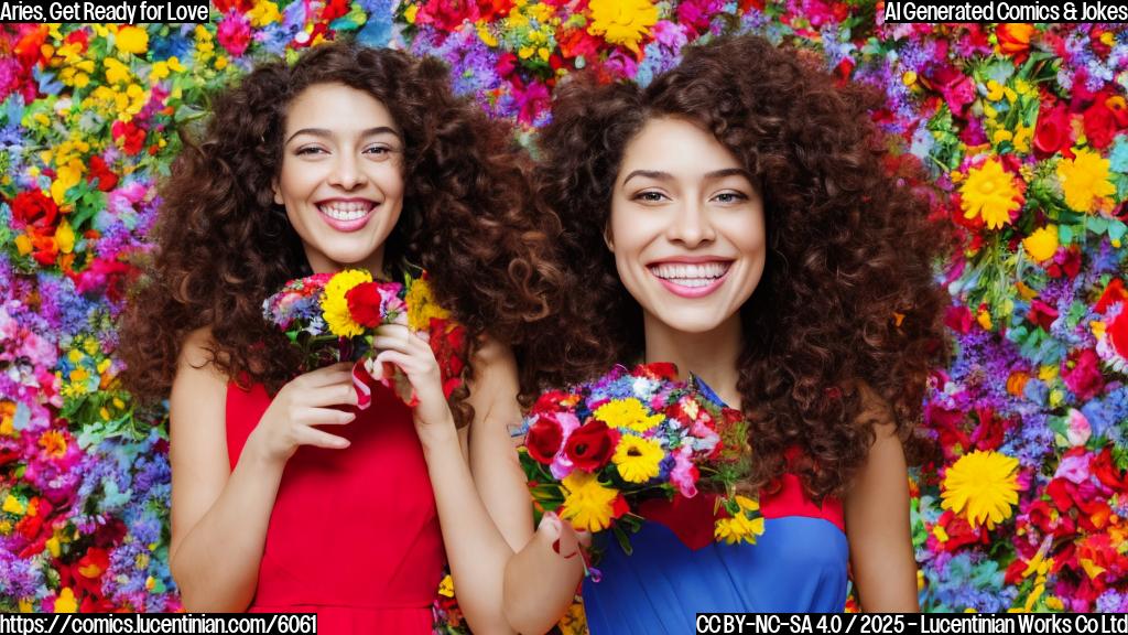 a young woman with long, curly hair and a bright smile is standing in front of a colorful background, wearing a red dress that has a small magnet attached to it. She's holding a bouquet of flowers and looking confident.