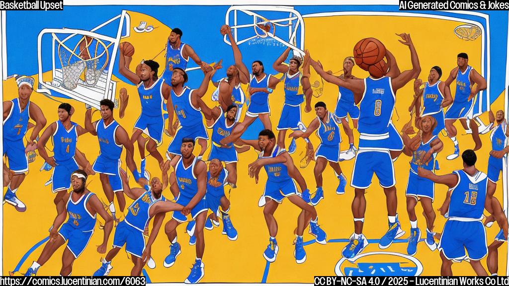 Cartoon image of a basketball team, with players wearing blue uniforms, carrying a comically large ladder onto a basketball court. The court is brightly colored, and the overall style is simple and cartoonish. The team looks determined but slightly confused.