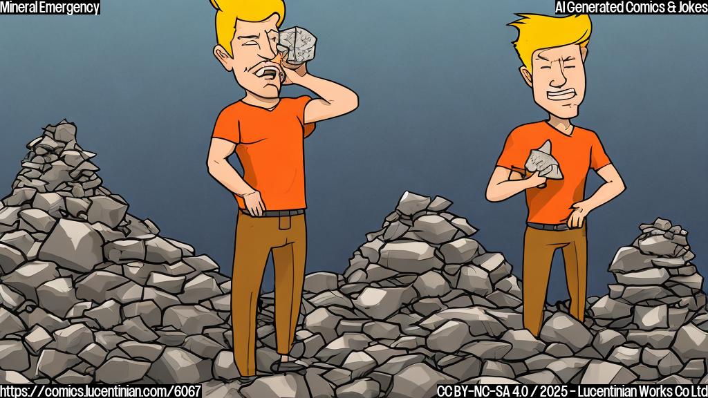 Plain color cartoon style picture of a serious-looking, orange-skinned man with exaggerated blonde hair standing at a podium, sweat dripping off his face. Behind him, a giant pile of rocks and minerals is labeled "Emergency Stash".