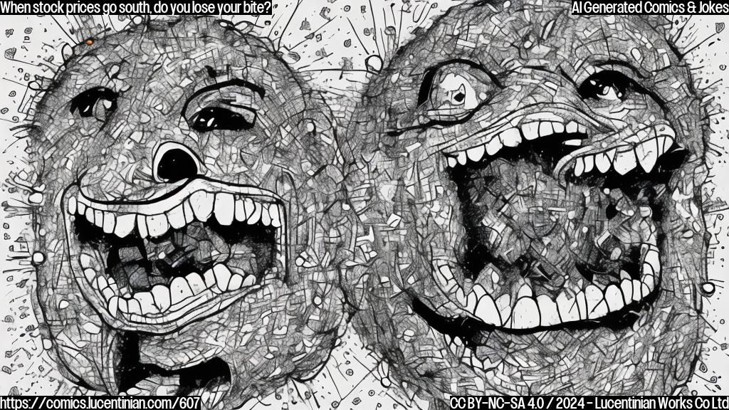 Draw a plain color cartoon style picture of a smiling face with a bite taken out of its mouth, surrounded by falling arrows representing declining stock prices, with a briefcase or wallet on the ground below it.