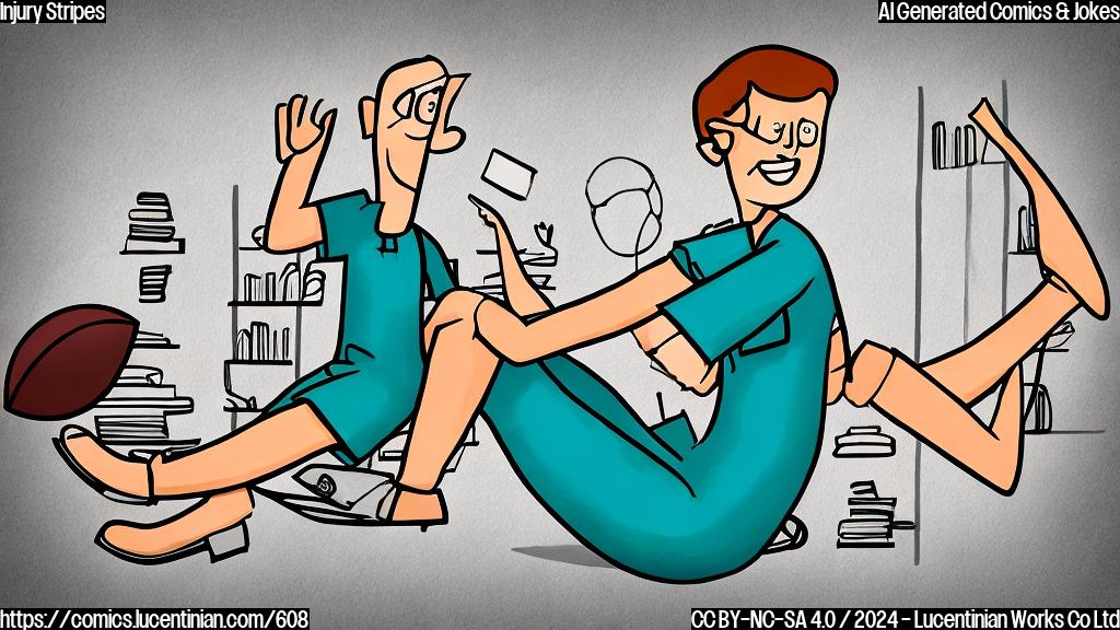 Draw a cartoon style image of a smiling left knee with a therapist in the background, surrounded by medical books and a football field with a broken knee icon.