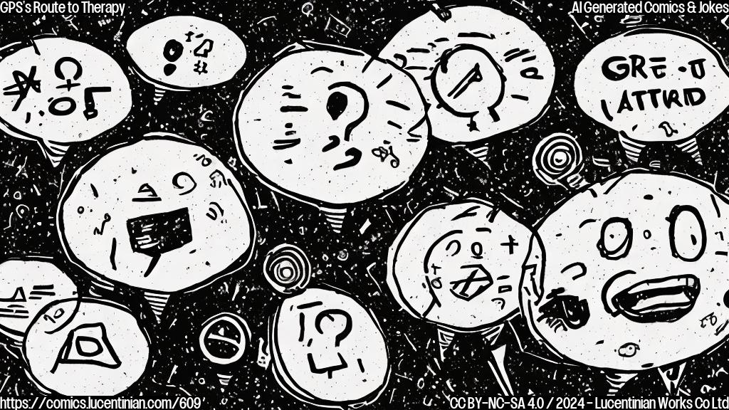 Draw a simple, cartoon-style picture of an AI-powered GPS with a worried expression, surrounded by confused and lost road signs. The GPS should be depicted holding a thought bubble with a map inside, looking frazzled.