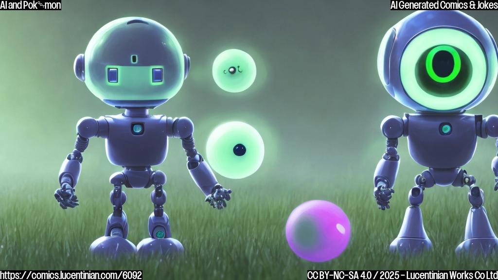 A confused-looking cartoon robot with glowing eyes, standing in front of a simplified, colorful image of a grass-type Pokémon. The robot has question marks floating above its head. The background is a plain light blue.