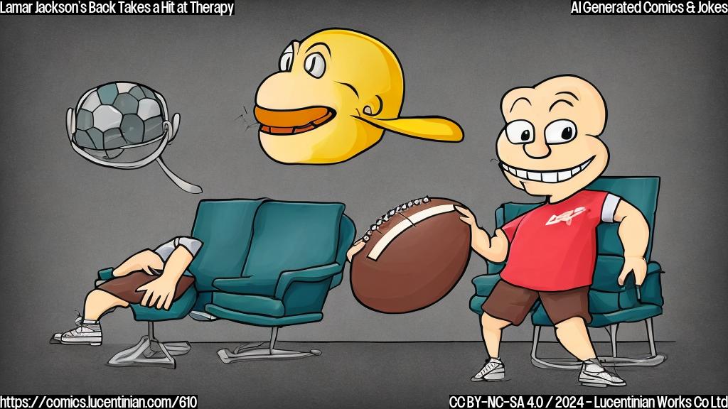 Draw a cartoon of a smiling, anthropomorphic back with a football helmet and pads sitting on a therapist's couch, surrounded by football field elements. The back is holding a thought bubble with a speech bubble containing the words "I just can't take it anymore!".