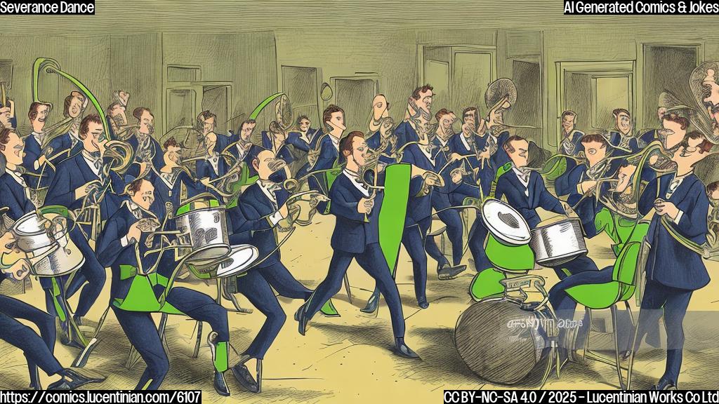 A cartoon illustration of an office break room with workers in suits playing marching band instruments, like trumpets and drums. The color is bright, with the predominant color being light green.