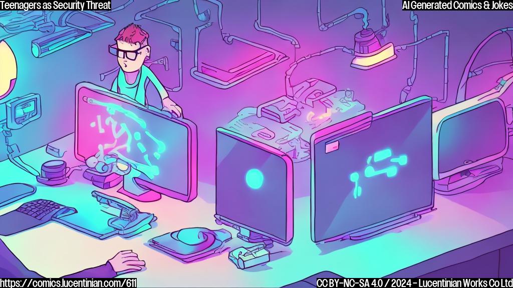 Draw a plain color cartoon style picture of a teenager sitting in front of a computer, wearing a hoodie and sunglasses, with a big smile on their face, while holding a tablet with a laptop screen displaying code. The background should have a subtle cyberpunk theme with neon lights and circuit boards.