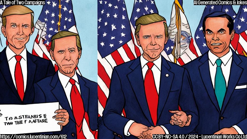 Draw a plain color cartoon style picture of two politicians, one with a determined expression (Kamala) wearing a suit and tie, standing next to another (Donald) with a smug expression, also wearing a suit and tie. Both are holding signs that say "Facts" and "Alternative Facts" respectively.