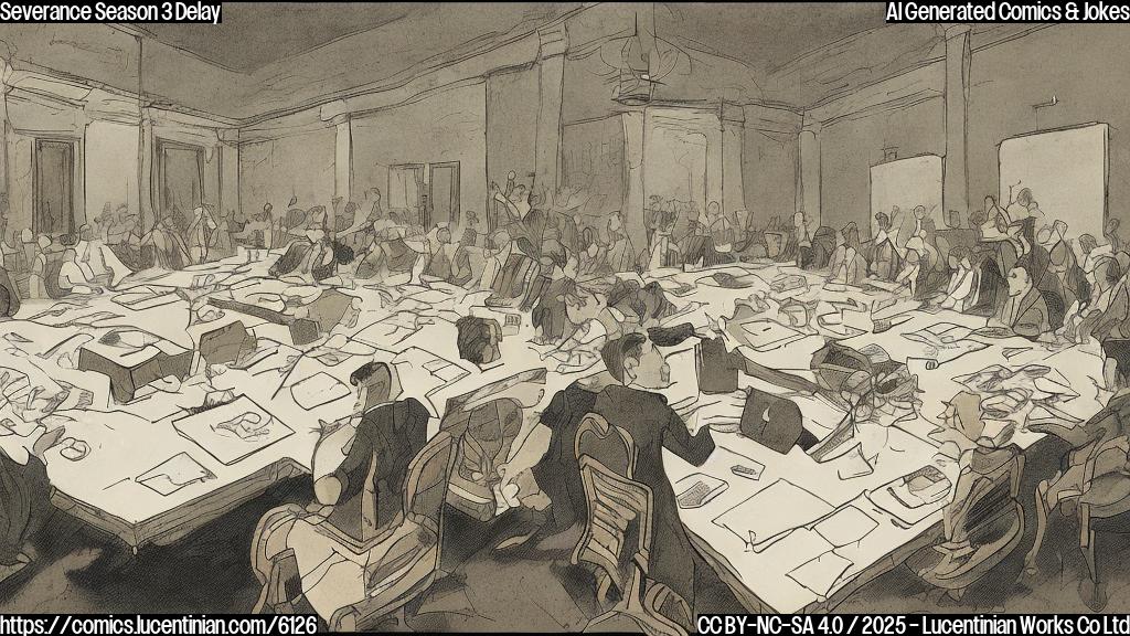 A simple cartoon image with a split screen. On one side, stick figures are sitting around a conference table, looking confused. The other side of the screen is blank. The overall color palette is muted and corporate.