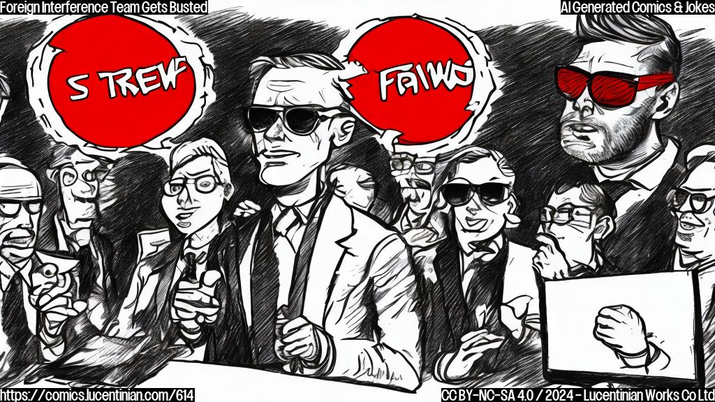 Draw a plain color cartoon style picture of a group of people wearing sunglasses and suits with a fake news headline "Fake News Story Exposed" in bold letters above them, surrounded by a red circle with a line through it. The team members are holding laptops and papers with Russian flags on them, while one person is standing in front of a giant TV screen displaying the same fake news story.