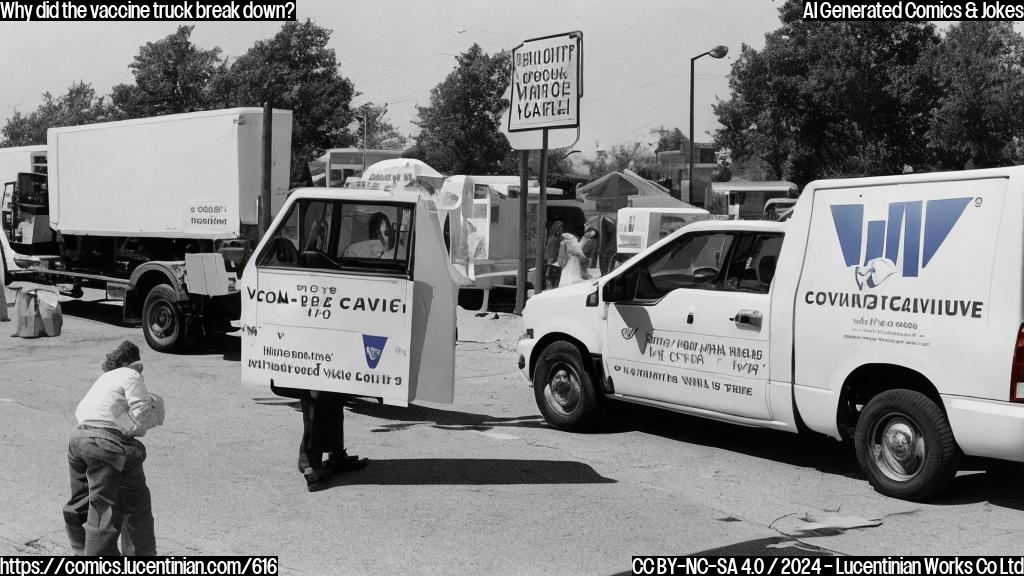 A small, white, rectangular-shaped vehicle with a boxy body and a flatbed in the back, carrying a large crate labeled "COVID-19 Vaccine". The truck is parked next to a sign that reads "Vaccination Station" and has a few people waiting in line behind it. One of the people waiting looks tired and stressed.