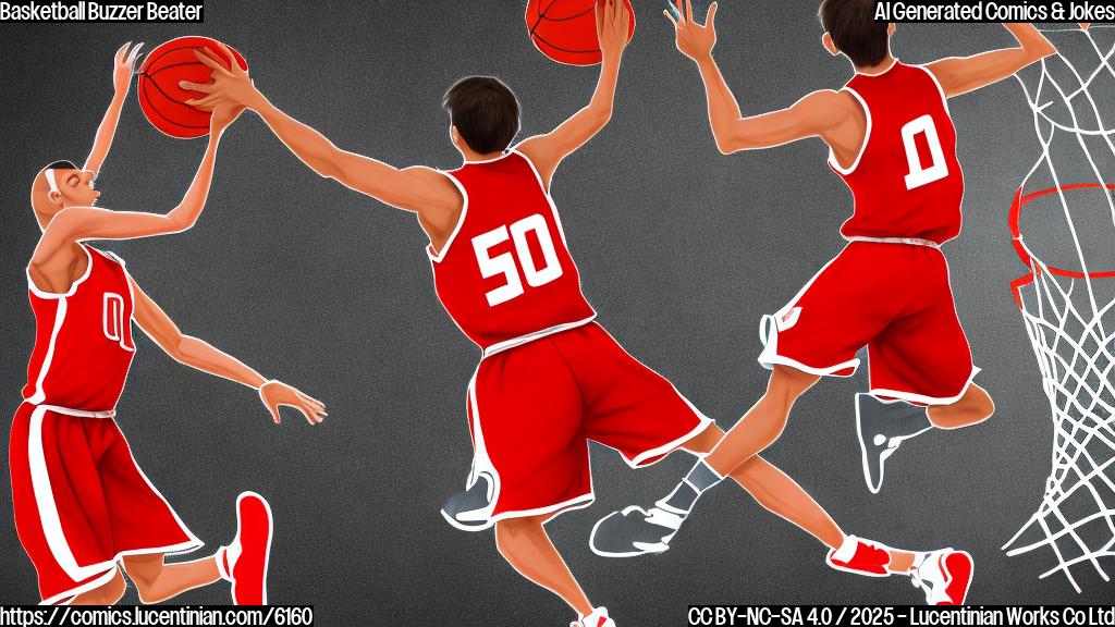 A cartoon-style drawing of a basketball player in a red and white uniform with the number '00' on it, jumping high to shoot a basketball. The player has short, dark hair and a determined expression. In the background, a basketball hoop with a net is visible, and a large digital clock reads '0:00'. The color palette is bright and cheerful, with plain colors.