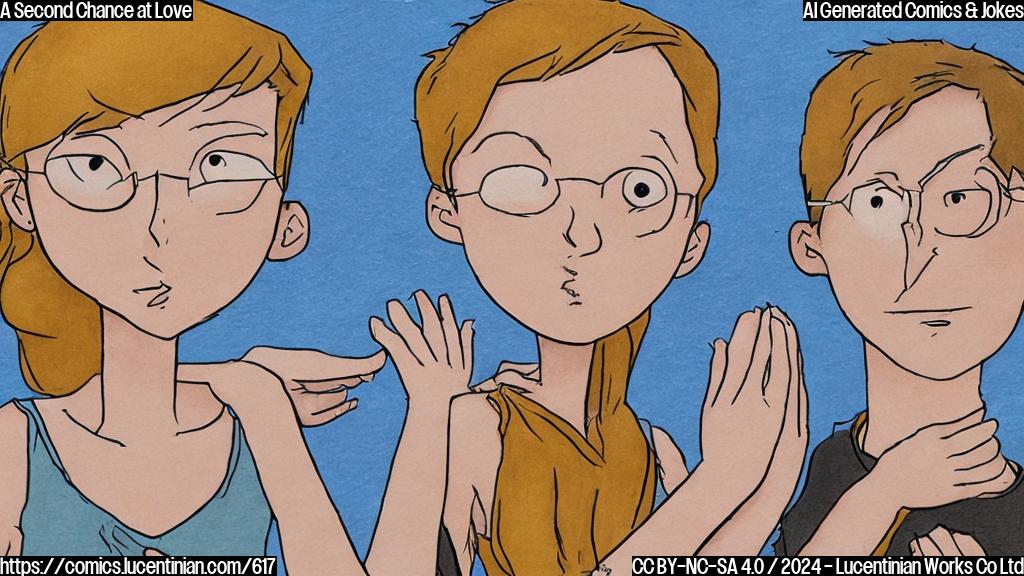 Draw a simple cartoon of two adults (Agatha and Rio) with a subtle background hinting at their complicated past, such as torn fabric or broken locks. The adults should be in the process of holding hands or embracing, symbolizing their renewed relationship.