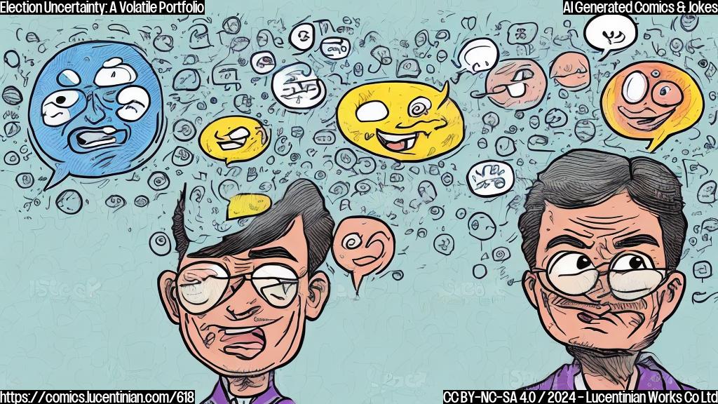 A cartoon-style image of a stock chart with a face, showing a mix of emotions and fluctuations in stock prices, with a thought bubble saying "I'm feeling a little volatile"
