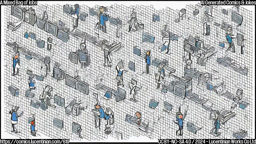 Draw a simple cartoon style picture of an economist with a puzzled expression and two workers in the background, one holding a strike sign and the other checking their phone. The background should have a subtle grid pattern to represent job statistics.