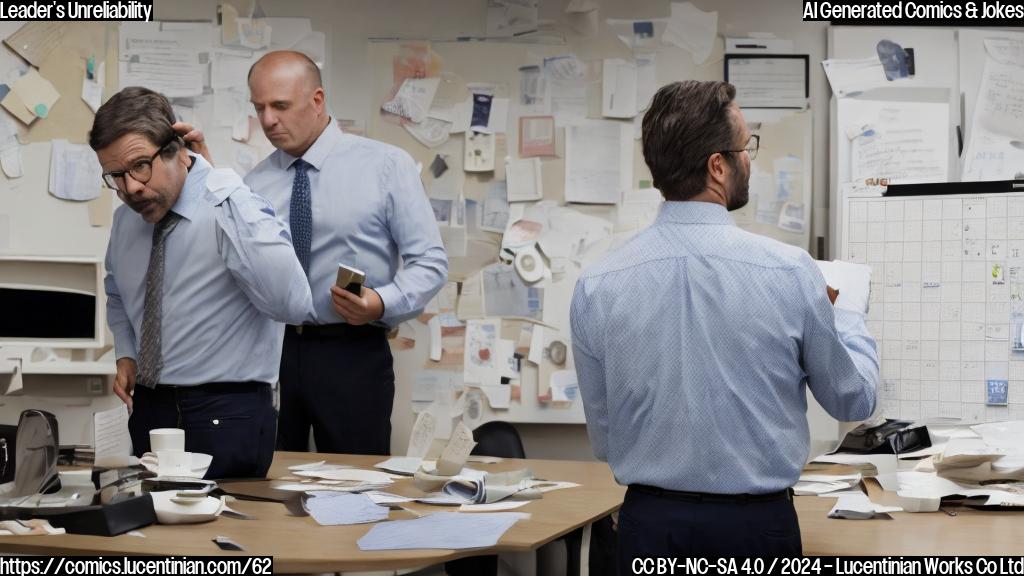 A middle-aged man in a suit is shown with his back to the viewer, looking at a calendar. His assistant stands beside him, holding a phone. The background shows a messy office with papers and empty coffee cups scattered around. The man is wearing a expression that suggests he's frequently late or forgetful, while his assistant looks frustrated.