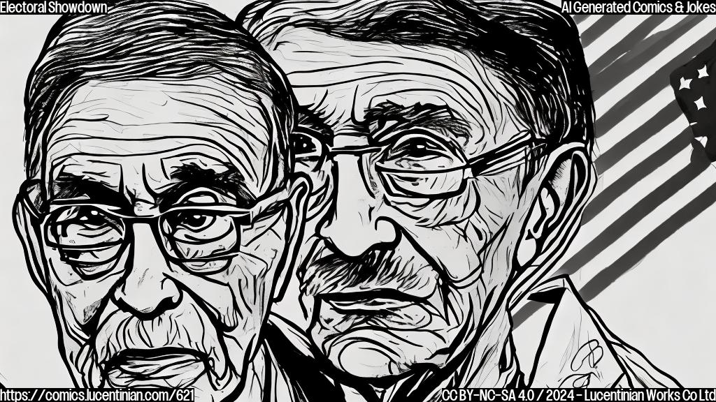 Draw a plain color cartoon style picture of a wise-looking elder sitting in front of a computer screen displaying a polling website, with a surprised expression on their face, surrounded by flags and campaign symbols.