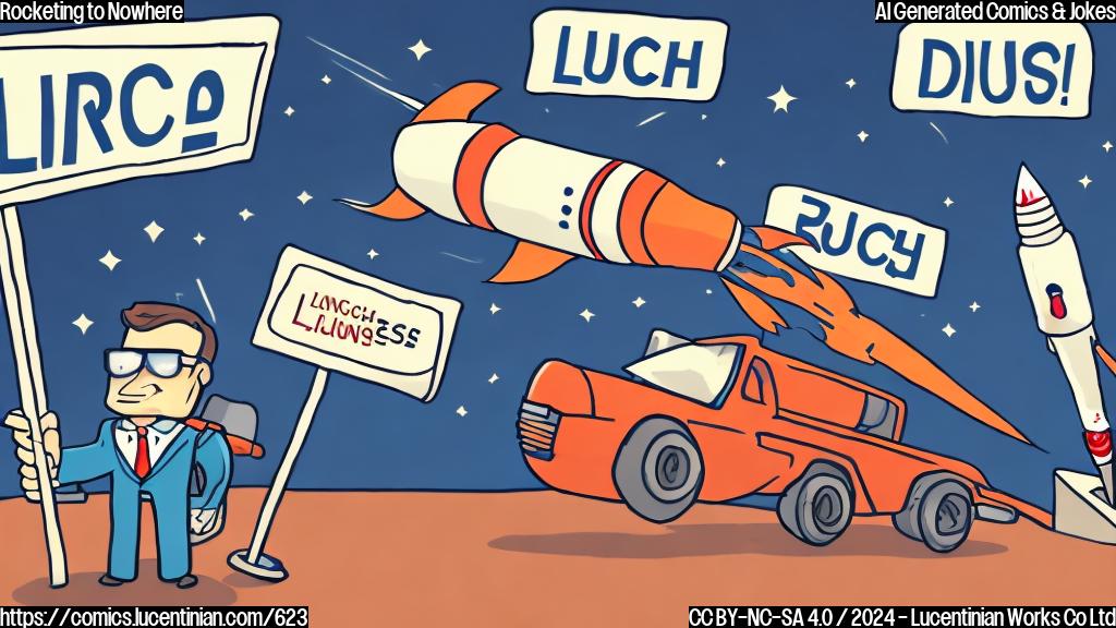 Draw a plain cartoon-style picture of two rockets, one with a briefcase and a business suit, standing next to a road sign that reads "Launch Pad". The rocket with the briefcase is wearing sunglasses and holding a "Career Development" pamphlet.