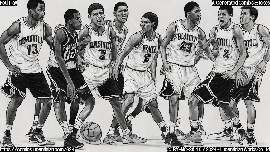 Draw a plain color cartoon style picture of a basketball player with a shocked expression on his face, surrounded by two basketball players who are arguing. The basketball player with the shocked expression is wearing the number 7 jersey, while one of the other players is wearing the number 23 jersey and has a dirty look on his face.