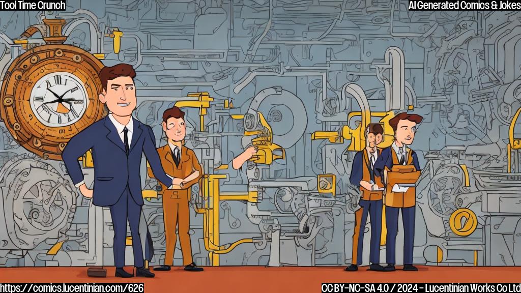 Draw a cartoon of a machinist with a toolbox on their shoulder and a union leader in a suit standing next to them, both looking stressed and frustrated, with a factory background featuring rusty machinery and a giant clock ticking away.