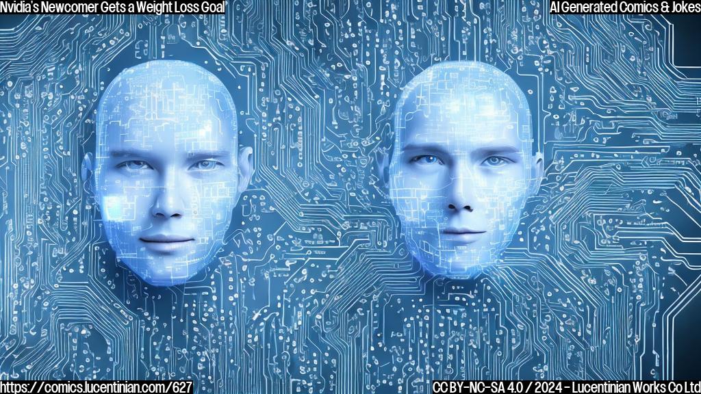 Draw a plain color cartoon style picture of a person with a tablet, representing artificial intelligence (AI), surrounded by computer chips and bytes. The person should be smiling and holding a scale, with a weight loss goal written on the scale. The background should have a subtle semiconductor industry theme, such as tiny wires and microchips.