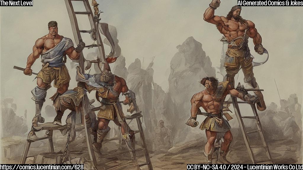 Draw a plain color cartoon style picture of a muscular man in fighting gear standing on top of a ladder, with a determined expression, while another fighter stands below him at the base of the ladder. The two fighters are in a neutral stance, with their hands up and ready to fight.