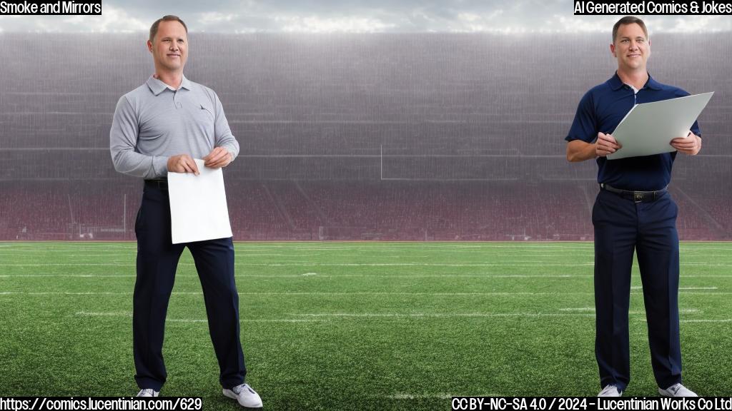 A coach standing on a ladder holding a clipboard, with a football field in the background. The ladder should be positioned in such a way that it appears to be leaning against a goalpost or a fence. The coach's face should show determination and enthusiasm. The clipboard should have some scribbled notes and game plans on it.