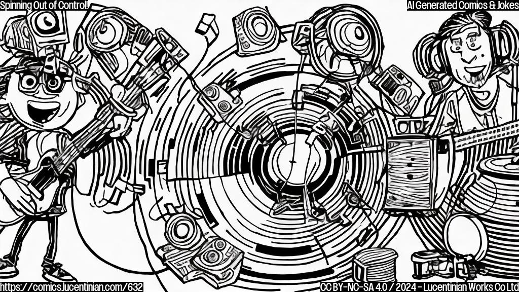 Draw a plain color cartoon style picture of two cartoonish DJ figures (one holding a guitar and the other holding turntables) standing on either side of a speaker that is shaped like a music note, with the music note spinning rapidly around its center. The DJ figures should be wearing headphones and having fun while they are mixing songs.