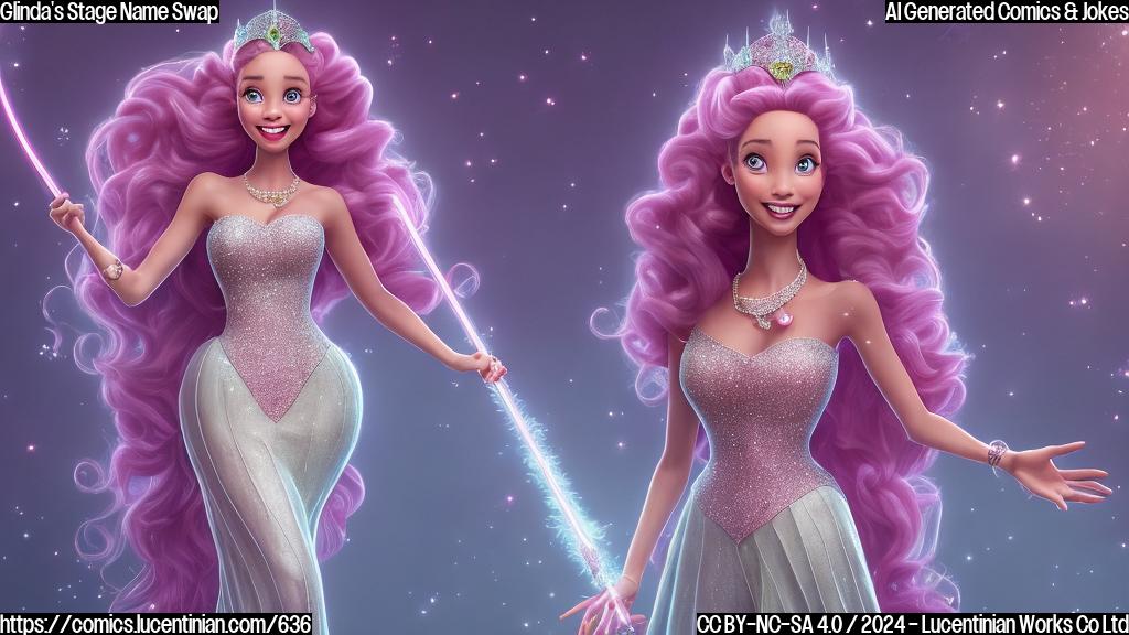 A cartoon image of a woman with long, curly hair and a bright smile wearing a sparkly pink dress and holding a wand. She is standing in front of a white background with a subtle glow effect, representing the magic and fantasy world of Wicked. The image should convey a sense of glamour and whimsy, as if Ariana Grande's character has stepped out of the movie itself.