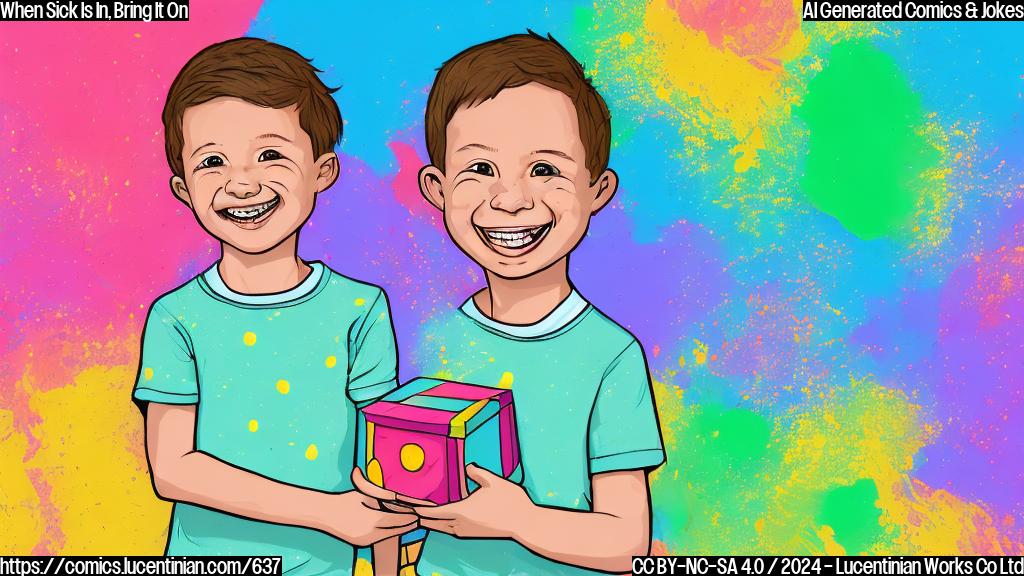 A cartoon style illustration of a smiling child holding a small box with various colorful tissues and wearing a light blue shirt with yellow polka dots, standing in front of a bright green chalkboard background with white scribbles of germy lines. The child should be depicted holding the box with a playful grin on their face.