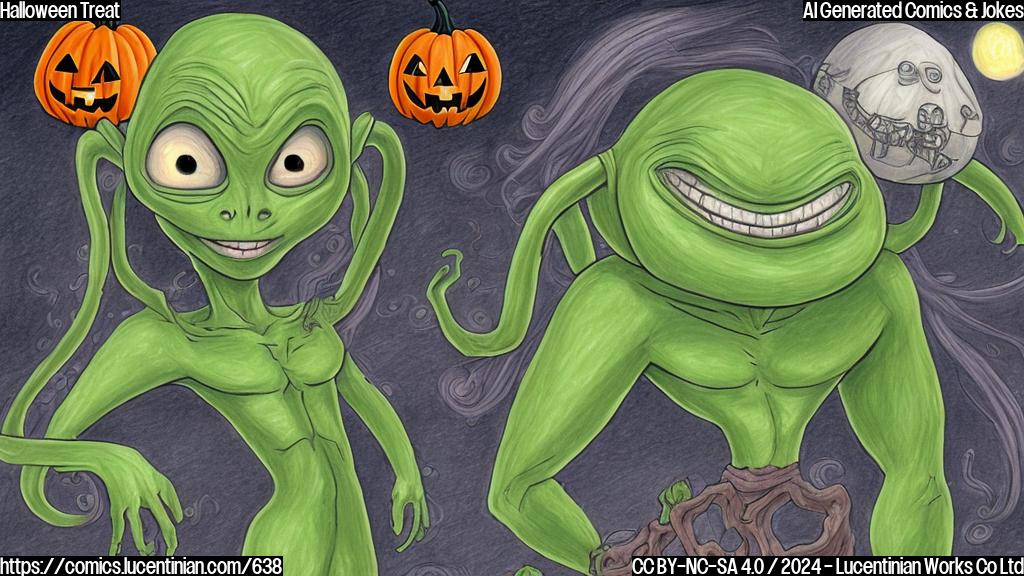 Draw a plain color cartoon style picture of a large, green creature with a cute, childlike face and a blonde-haired woman dressed as an alien in the background, both wearing silly Halloween costumes.