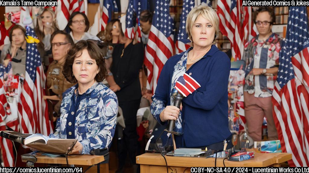 A middle-aged woman with short, stylish hair and a serious expression is standing in front of a podium, surrounded by American flags. She's holding a microphone and looks like she's about to give a speech. However, the background behind her is a library, complete with bookshelves and reading tables. A few people are sitting at one of the tables, looking unimpressed. The woman's expression is stern, but there's a hint of nervousness in her eyes. She looks like she's trying to be taken seriously, but also doesn't want to rock the boat.