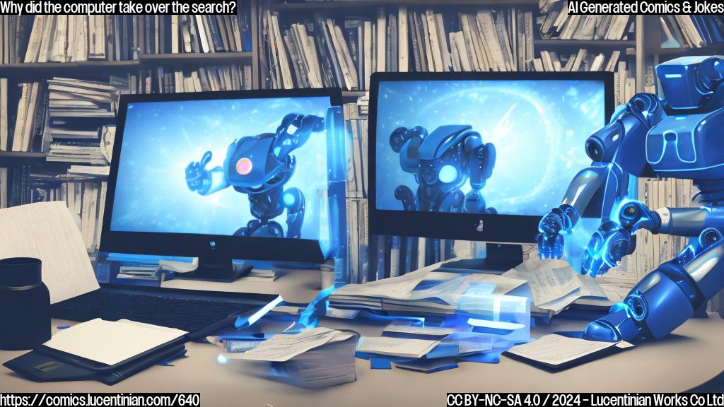 A blue robot with a keyboard and monitor on a desk, surrounded by scattered papers and books. The computer screen displays a "Search" bar with a magnifying glass icon.