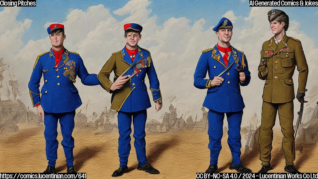 Draw a plain color cartoon style picture of two figures in military uniforms standing on opposite sides of a makeshift "battlefield". One figure, dressed in a blue suit with a silver pin on her lapel, is holding a microphone and smiling confidently. The other figure, wearing a red suit with a gold tie, is also standing with his feet shoulder-width apart, gesturing enthusiastically while holding a speech bubble containing his closing pitch.