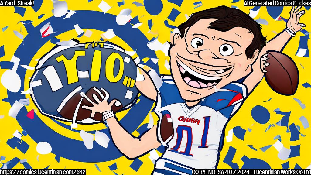 Draw a cartoon of a smiling football player (quarterback) with a speech bubble, throwing a football that is surrounded by a yellow circle with a line underneath it, indicating the 500-yard mark. The quarterback should be wearing a Ole Miss hat and jersey, with a big smile on their face. Add some confetti and balloons around them to represent the celebratory atmosphere of setting records.