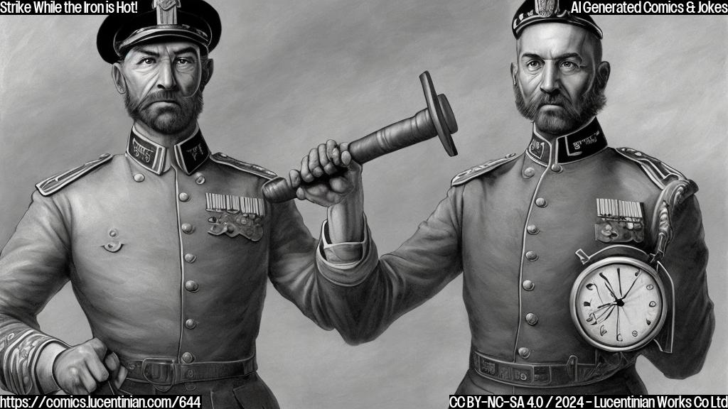 A cartoon of a stern-looking man in a military uniform holding a hammer, with a clock ticking in the background. The hammer should be positioned as if it's about to strike something. The color palette should be muted and serious, with shades of gray and blue dominating the scene.