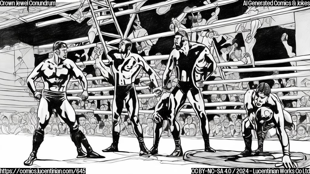 Draw an illustration of two wrestlers standing in front of a wrestling ring with a ladder in the background. The wrestlers should be dressed in WWE attire, but without any notable characters or logos. The ring should be plain and simple, with no ropes or mat details.