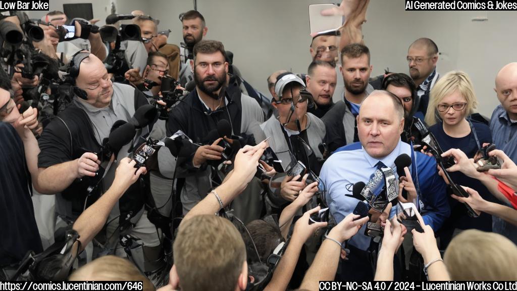 A coach standing on a ladder, with a microphone in hand and a worried expression on his face, surrounded by reporters and cameras.