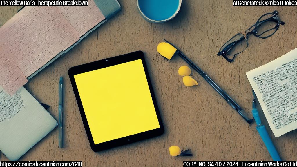 Draw a plain color cartoon style picture of a yellow bar with a thought bubble, looking sad and surrounded by a e-reader. The yellow bar should have a few lines on it indicating a screen display, but the rest of the image should be simple shapes and colors to represent a generic e-reader.