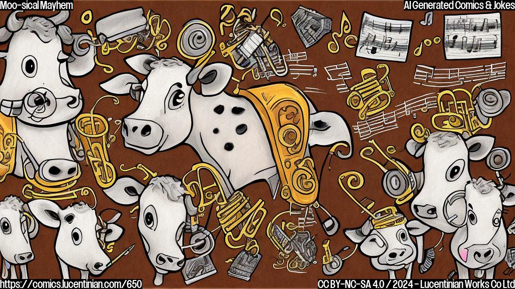 Draw a cartoon style picture of 3-4 cows wearing headphones and musical instruments, with one cow holding a music sheet.