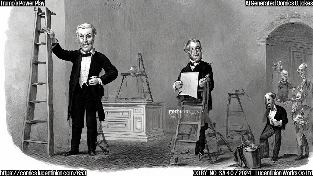 Draw a cartoon of a person standing on a ladder in front of the White House, with a magnifying glass in hand and a confident expression. The person should be dressed in formal attire with a hint of presidential influence. Incorporate subtle hints of power struggles and judicial oversight in the background.