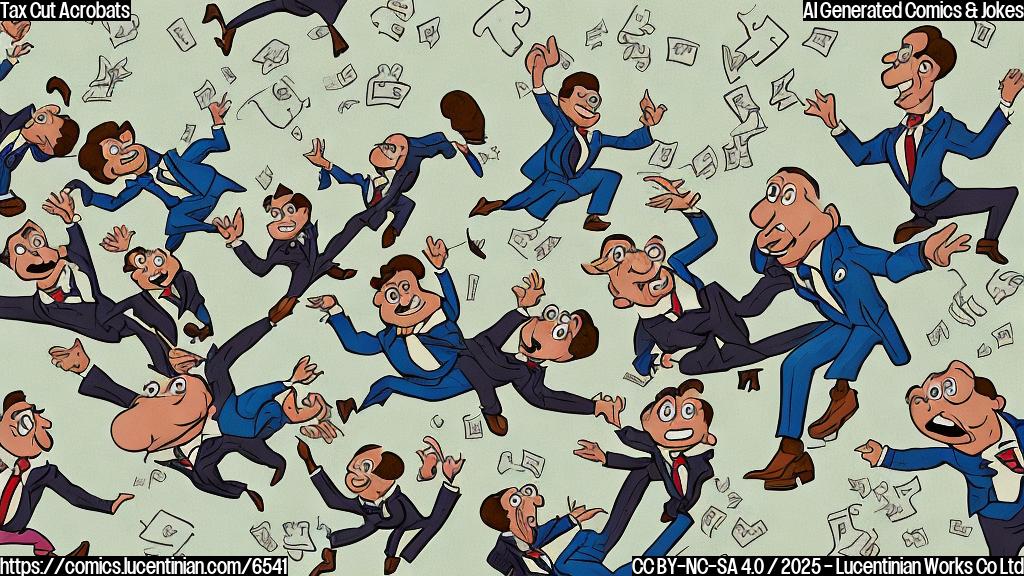 A group of cartoon senators, depicted as short, stout figures in business suits, are performing acrobatic leaps through oversized loopholes that resemble dollar signs. The background is a plain light blue color. The style is simple and cartoonish.
