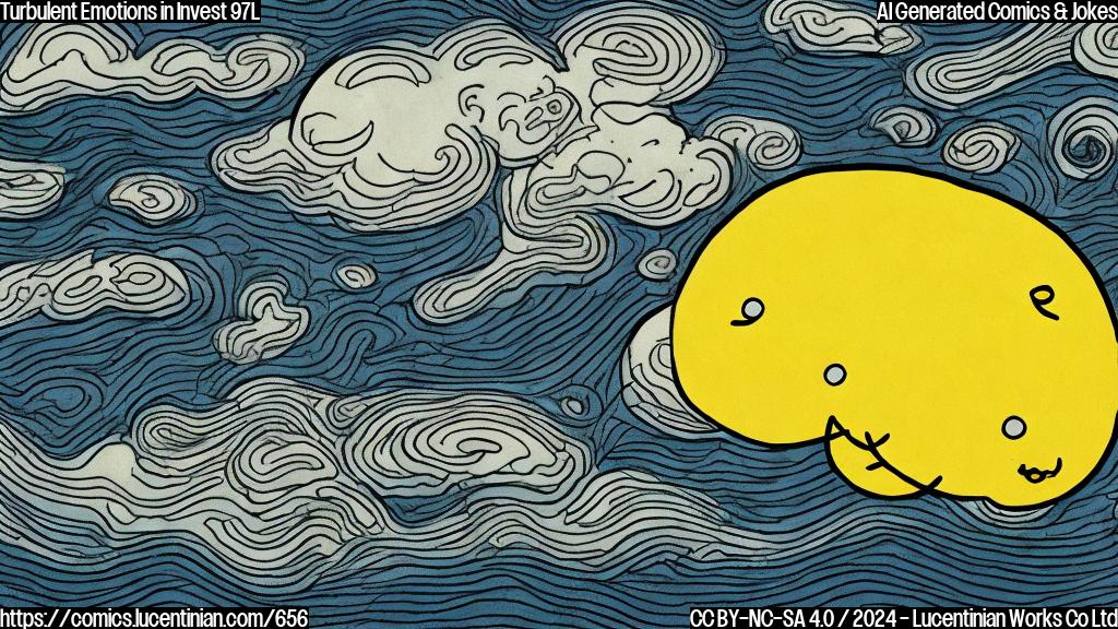 Draw a plain color cartoon style picture of a smiling tropical depression with a thought bubble showing a person with a confused expression, surrounded by swirling clouds and a stormy sky.