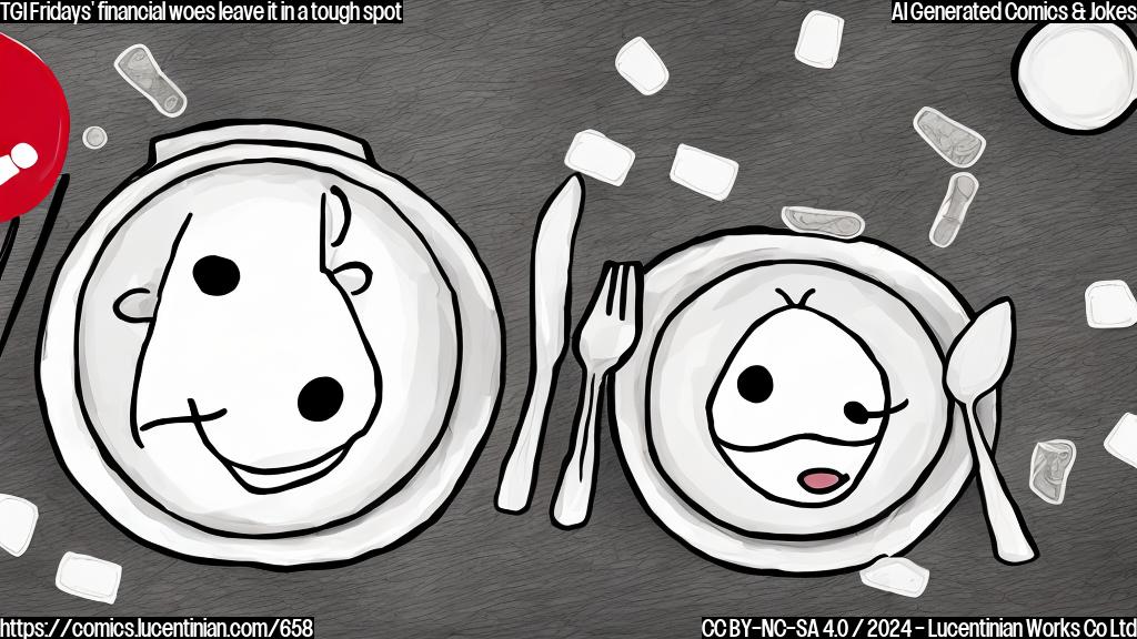 Draw a cartoon of a plate with a sad face, surrounded by empty restaurant chairs and a COVID-19 vaccine vial with a red "X" marked through it. The plate should have a few dollars and credit cards lying around it, as if they were trying to pay for the meal but couldn't.