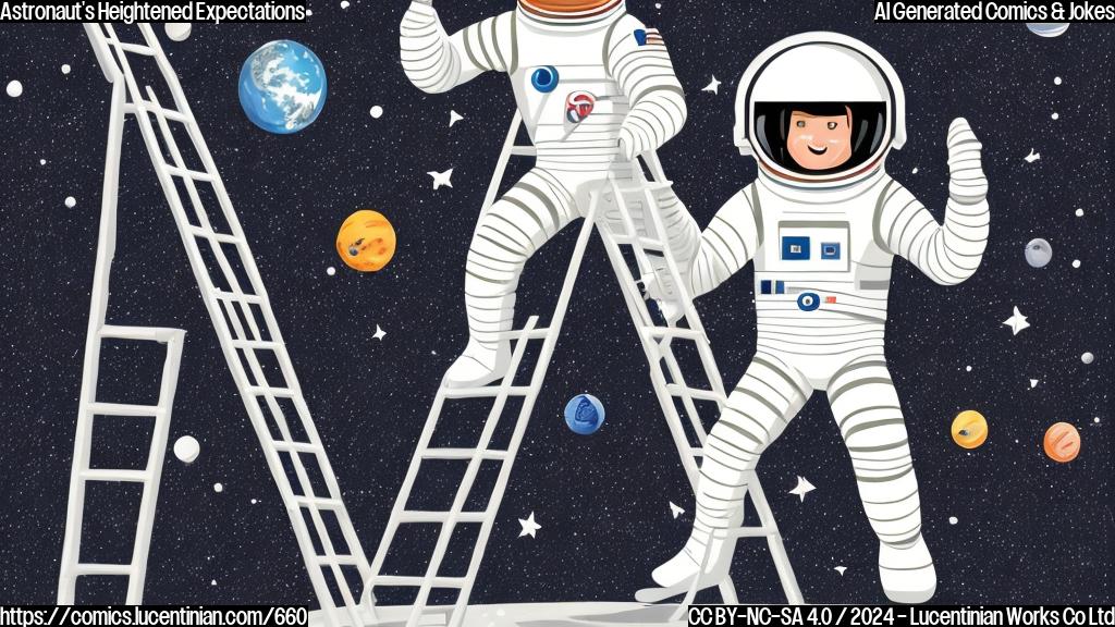 Draw a simple, cartoon-style illustration of a friendly astronaut wearing a white spacesuit, standing in front of an international space station with a ladder nearby. The ladder should be shown leaning against the space station, and the astronaut should have a big smile on his face.