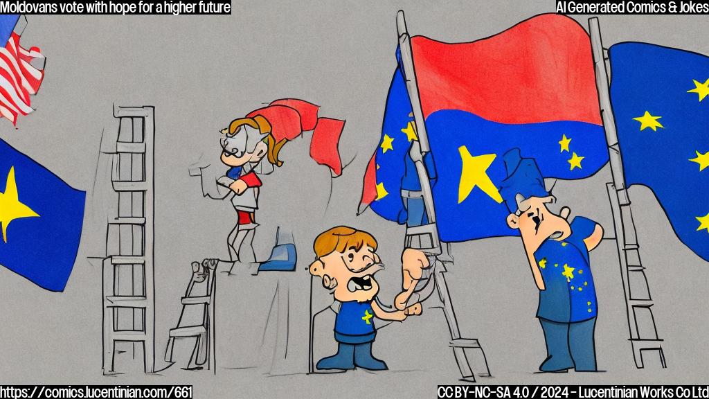 Draw a plain color cartoon of a person holding a ladder and standing in front of a large voting booth, with a EU flag and a Russian flag visible in the background.