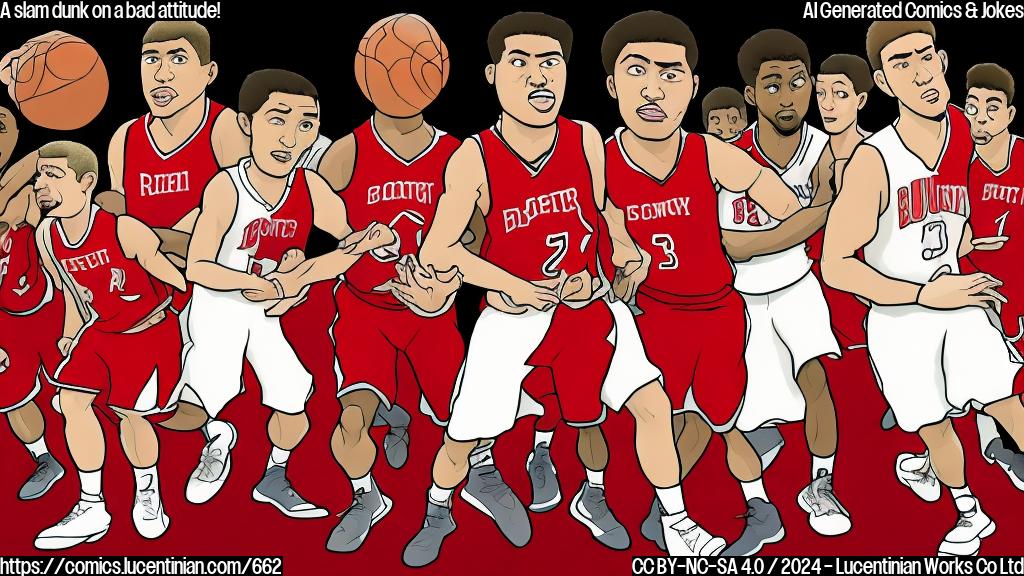 Draw a simple cartoon style picture of a basketball player with a scowl on his face, surrounded by teammates passing the ball to each other. The player should be holding a basketball and wearing a red jersey with the number 22 on it.
