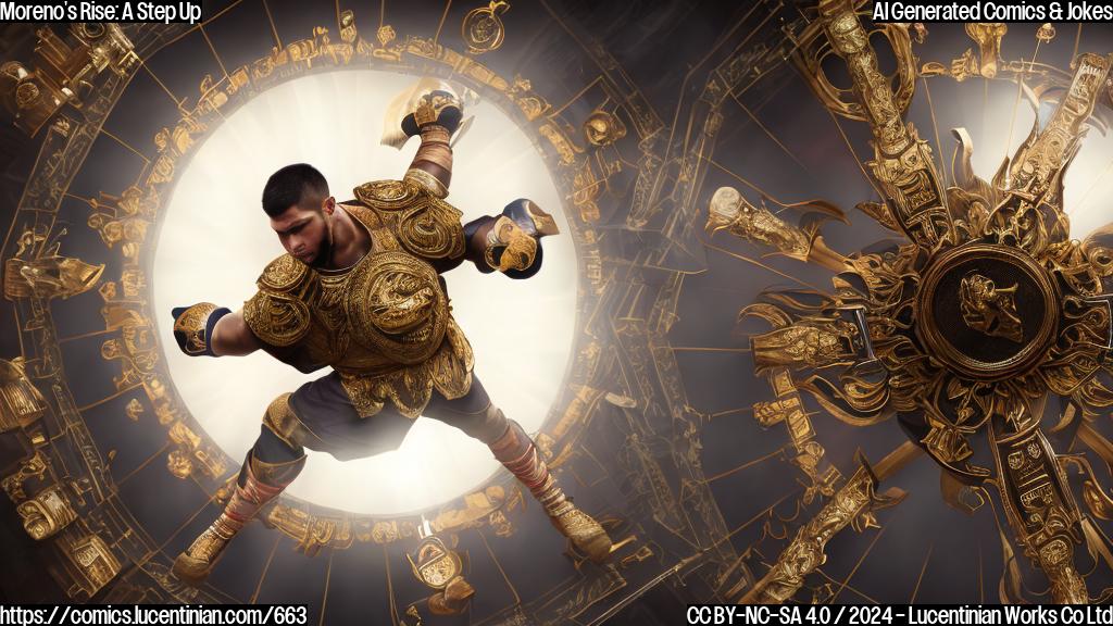 A fighter with a high-volume striking style stands confidently in the center of the octagon, surrounded by a halo of light. They are wearing a championship belt and have a determined expression on their face. In the background, there is a ladder leaning against the cage, with a few rungs missing. The fighter's hands are up, as if ready to strike at any moment.